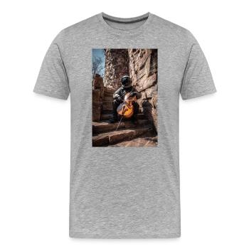 Un astronaute joue du violoncelle sur des marches en pierre - T-shirt bio Premium Homme - gris chiné - Devant - Damien (186cm)