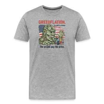 Gierige Gierflation Cartoon Design - Männer Premium Bio T-Shirt - Grau meliert - Vorne - Damien (186cm)
