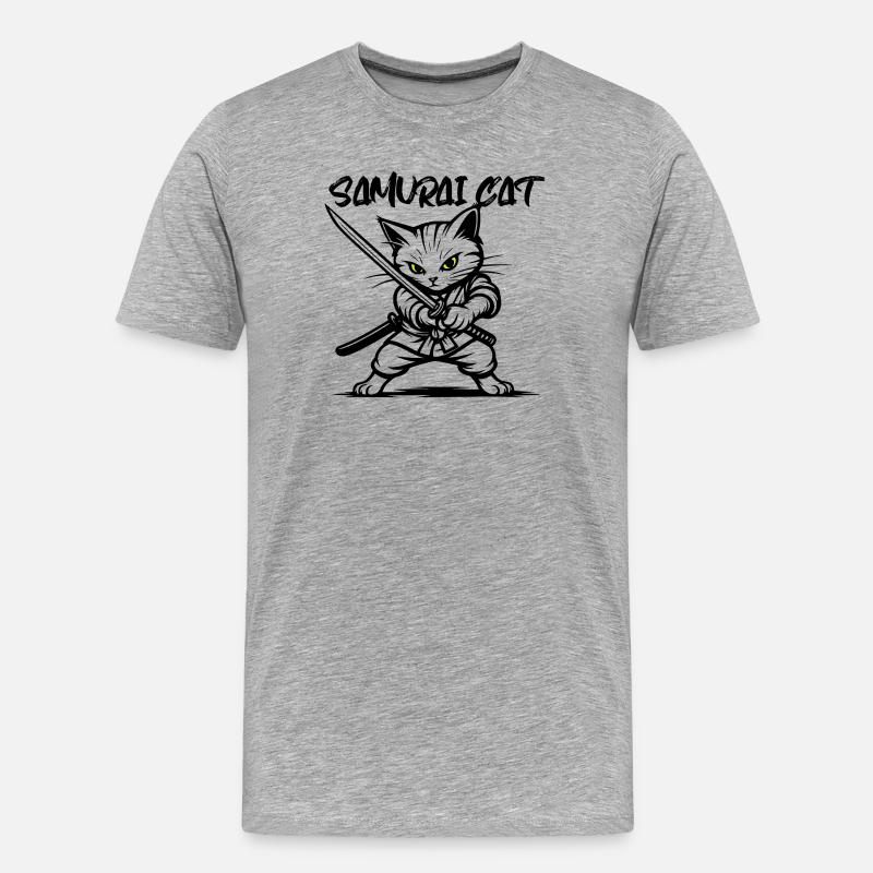 Samurai Katze - Männer Premium Bio T-Shirt - Grau meliert