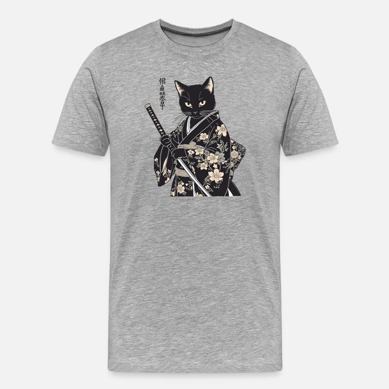Samurai Katze – moderner japanischer Style - Männer Premium Bio T-Shirt - Grau meliert