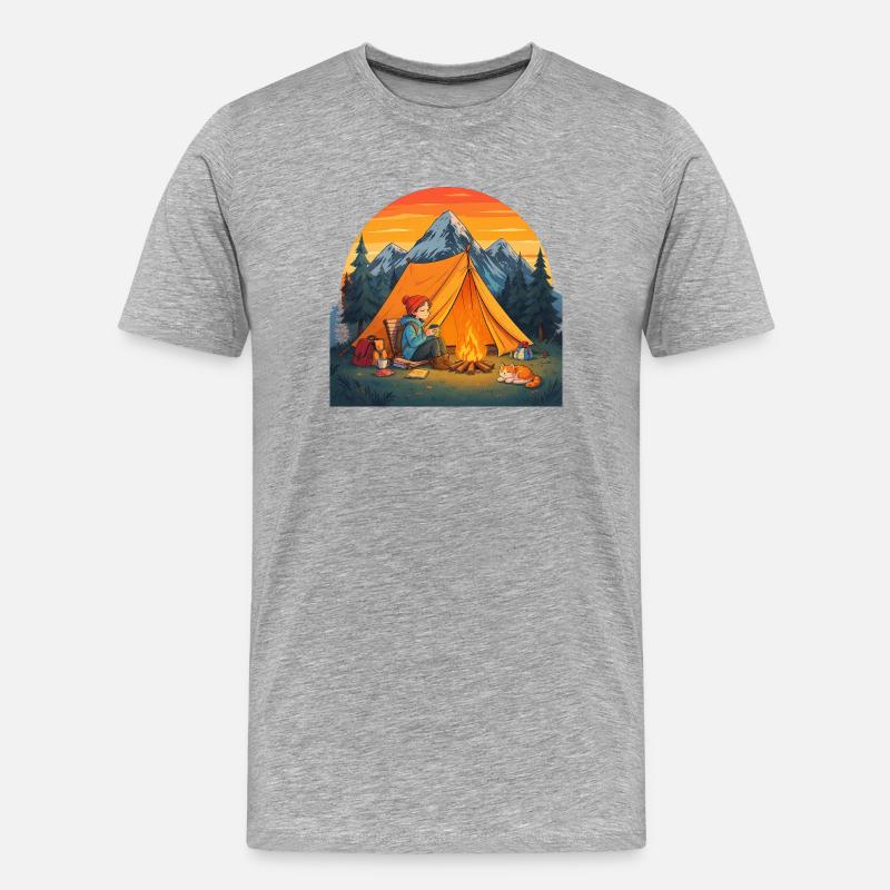 Camping mit Katze - Männer Premium Bio T-Shirt - Grau meliert