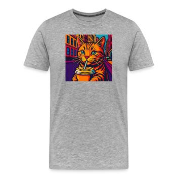 Lebhafte Stadtkatze mit Getränk, liebe Katzen - Männer Premium Bio T-Shirt - Grau meliert - Vorne - Damien (186cm)
