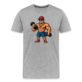 Bodybuilder mit Goldkette und Hanteln - Männer Premium Bio T-Shirt - Grau meliert - Vorne - Damien (186cm)