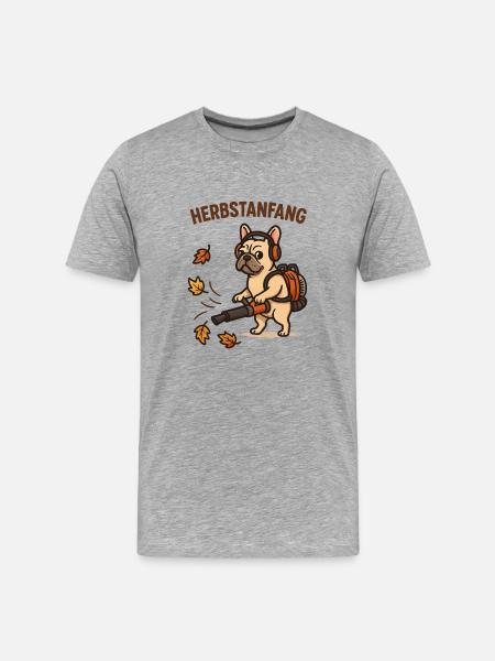 Herbstanfang Bulldogge mit Laubbläser - Männer Premium Bio T-Shirt - Grau meliert
