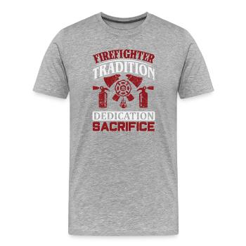 Tradition des pompiers avec casque et extincteur - T-shirt bio Premium Homme - gris chiné - Devant - Damien (186cm)