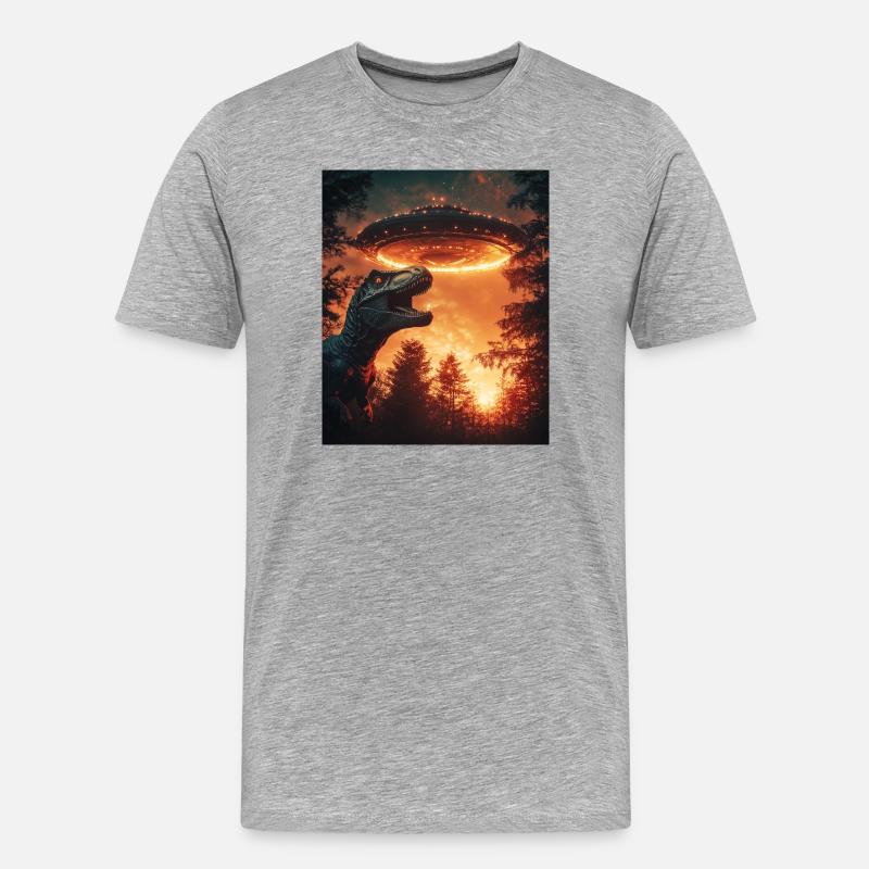 T-Rex Selfie mit UFO - Männer Premium Bio T-Shirt - Grau meliert