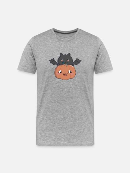 Pumpkin & Bat – Kawaii Halloween 🎃🦇 - Men's Premium Organic T-Shirt - heather grey