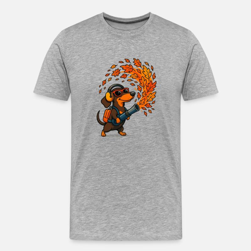Herbstlicher Abenteuer-Dachshund mit Laubbläser - Männer Premium Bio T-Shirt - Grau meliert