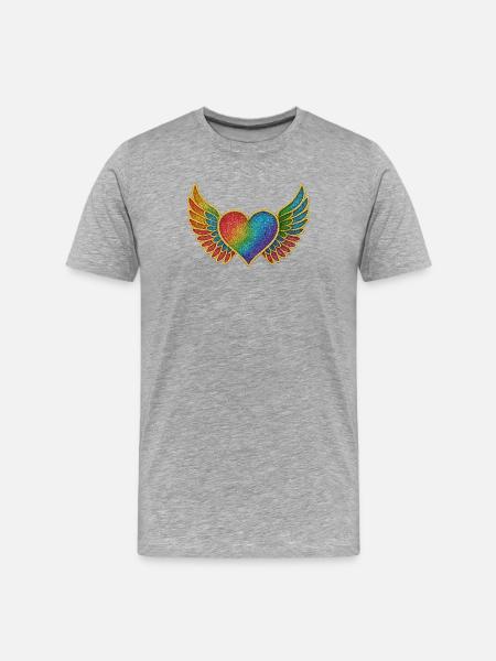 Rainbow Heart with Angel Wings Embroidery - Men's Premium Organic T-Shirt - heather grey