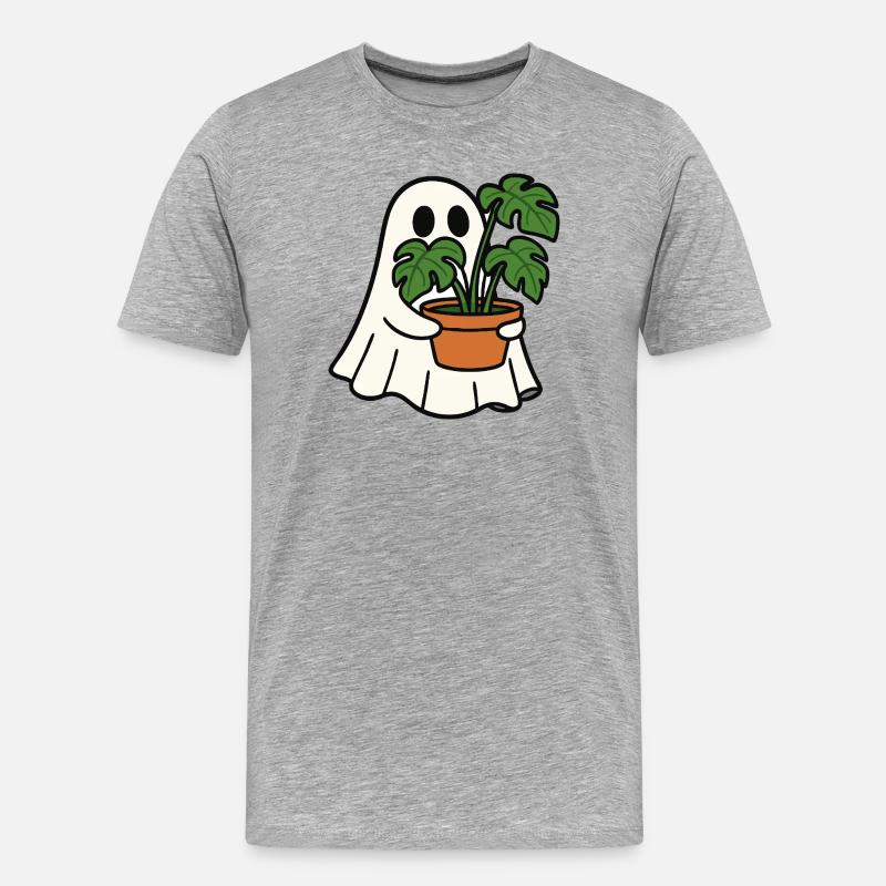 Süßes Gespenst mit Monstera Pflanze - Männer Premium Bio T-Shirt - Grau meliert