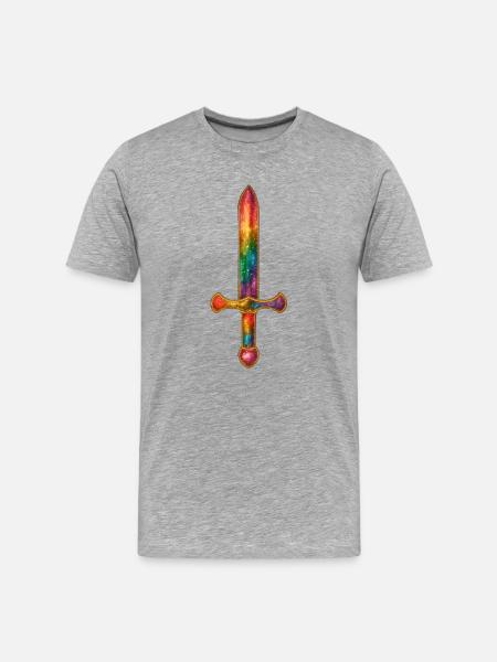 Regenbogen Schwert mit Goldumrandung - Männer Premium Bio T-Shirt - Grau meliert