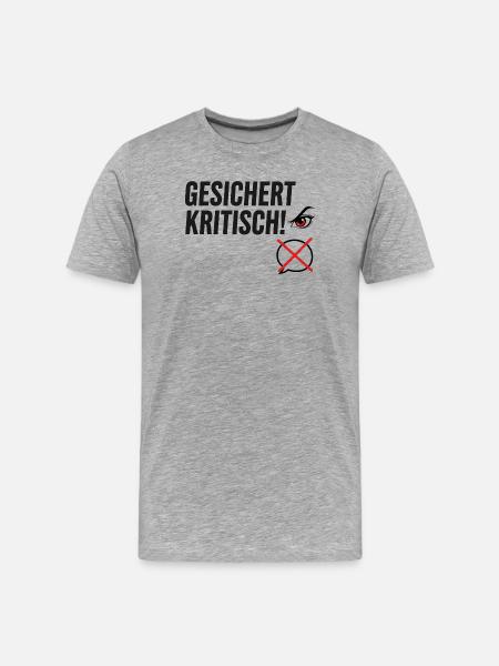 Gesichert Kritisch! Spruch Augen Design - Männer Premium Bio T-Shirt - Grau meliert