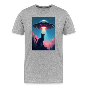 Weltraumkatze mit UFO-Lichtstrahl - Männer Premium Bio T-Shirt - Grau meliert - Vorne - Damien (186cm)