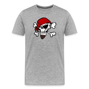 Tête de squelette de pirate avec bandana rouge - T-shirt bio Premium Homme - gris chiné - Devant - Damien (186cm)