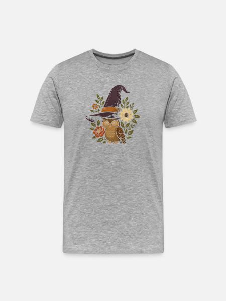 Eule im Zauberhut mit Blumen - Männer Premium Bio T-Shirt - Grau meliert