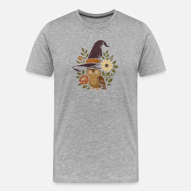 Eule im Zauberhut mit Blumen - Männer Premium Bio T-Shirt - Grau meliert