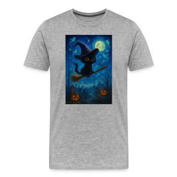 Chat noir avec un balai de sorcière - T-shirt bio Premium Homme - gris chiné - Devant - Damien (186cm)
