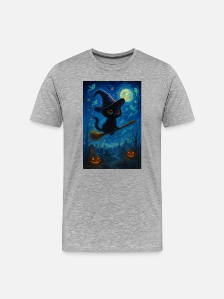Black cat with witch's broom - Men's Premium Organic T-Shirt - heather grey