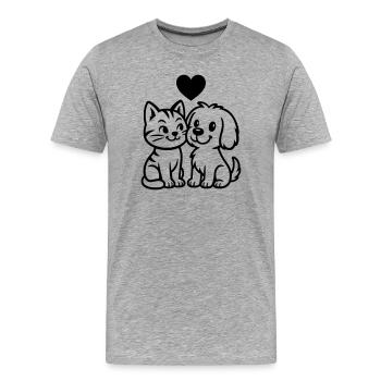 Niedlicher Hund und süße Katze mit Herz  - Männer Premium Bio T-Shirt - Grau meliert - Vorne - Damien (186cm)