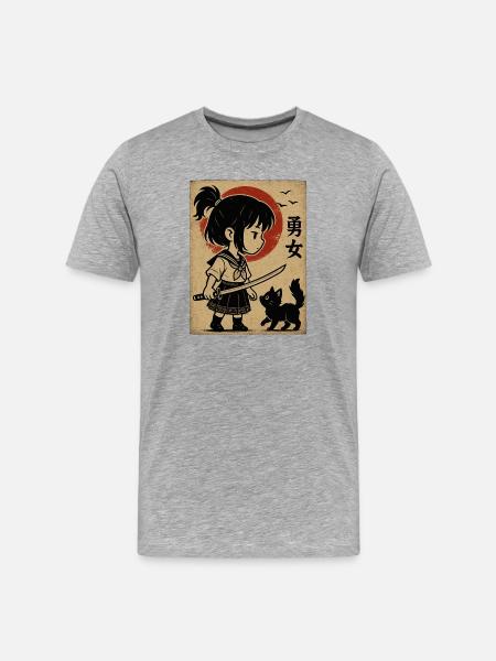 Fille courageuse avec katana et chat - T-shirt bio Premium Homme - gris chiné