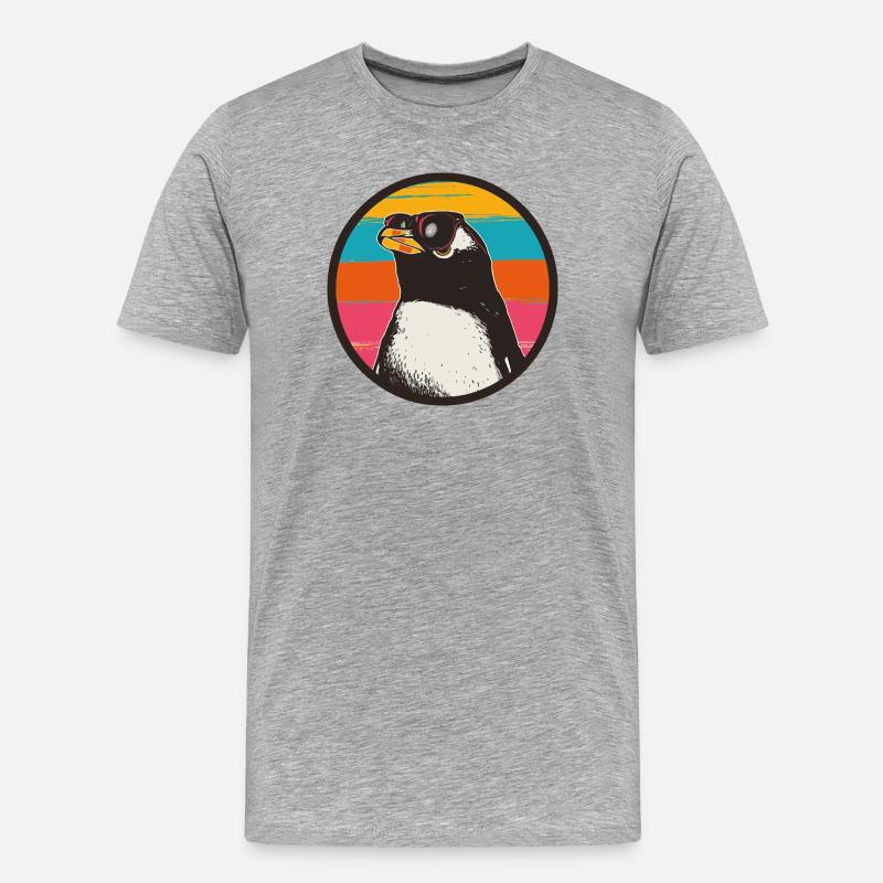 Penguin with Retro Sunset - Männer Premium Bio T-Shirt - Grau meliert