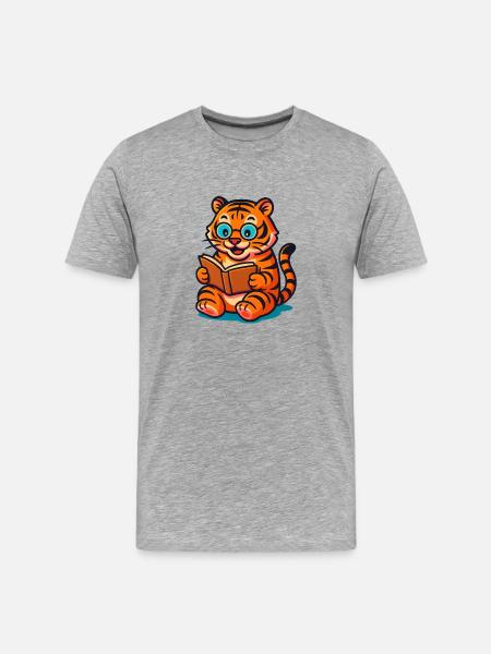 Playful Tiger with Glasses and Book - Men's Premium Organic T-Shirt - heather grey