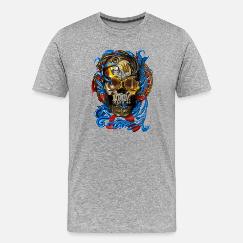 Barock Skull mit Blau Bändern - Männer Premium Bio T-Shirt - Grau meliert