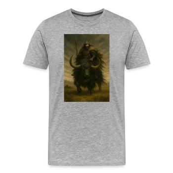 Uralter Krieger auf einem mächtigen schwarzen Yak - Männer Premium Bio T-Shirt - Grau meliert - Vorne - Damien (186cm)