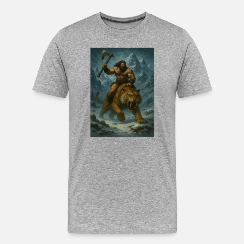 Wilder Krieger auf Sabertooth Tiger – Kunst - Männer Premium Bio T-Shirt - Grau meliert
