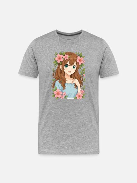 Blütenkranz Anime Mädchen - Männer Premium Bio T-Shirt - Grau meliert