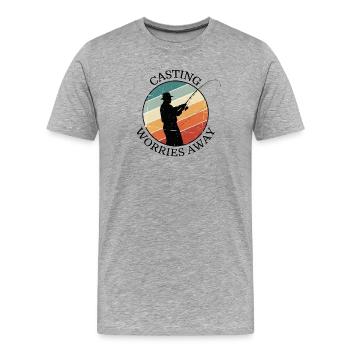 Casting Worries Away Retro Angler Motiv - Männer Premium Bio T-Shirt - Grau meliert - Vorne - Damien (186cm)