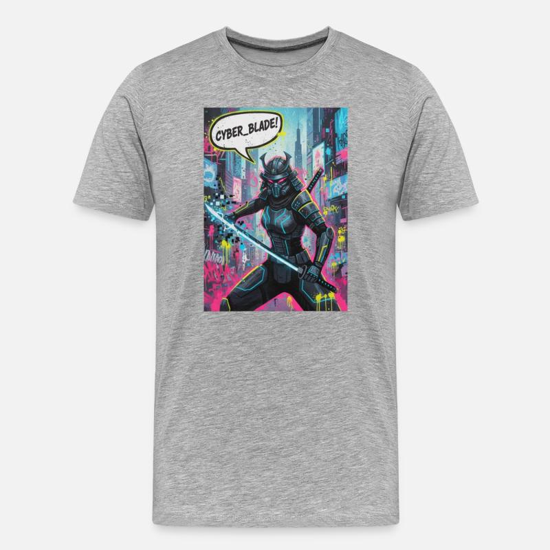 Cyber Samurai Neon Graffiti - Männer Premium Bio T-Shirt - Grau meliert
