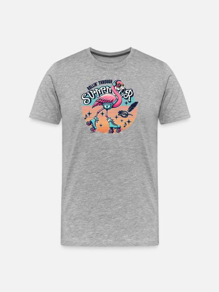 Rollin through Summer - Flamingo mit Rollschuhen - Männer Premium Bio T-Shirt - Grau meliert