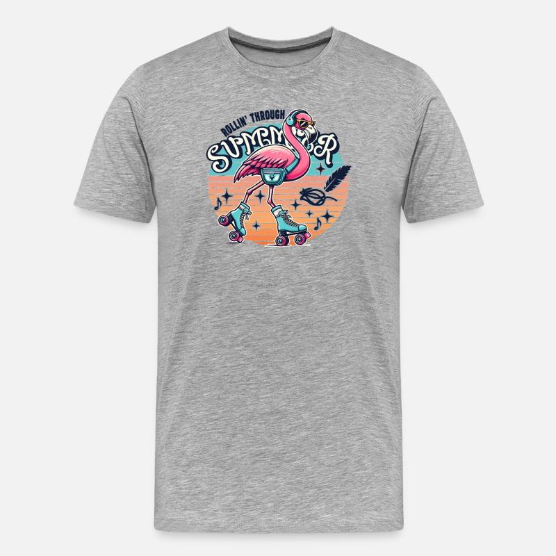 Rollin through Summer - Flamingo mit Rollschuhen - Männer Premium Bio T-Shirt - Grau meliert