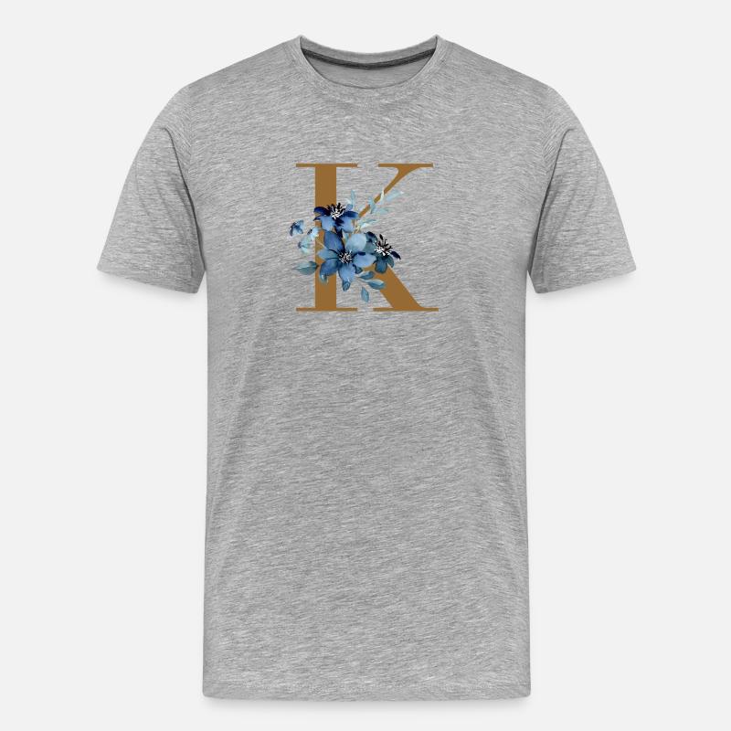 K Monogramm mit Blauen Blüten - Männer Premium Bio T-Shirt - Grau meliert