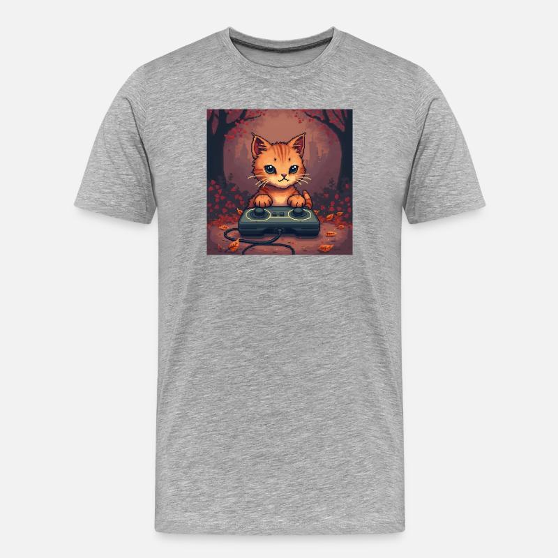Cozy Pixel Cat Controller - Männer Premium Bio T-Shirt - Grau meliert