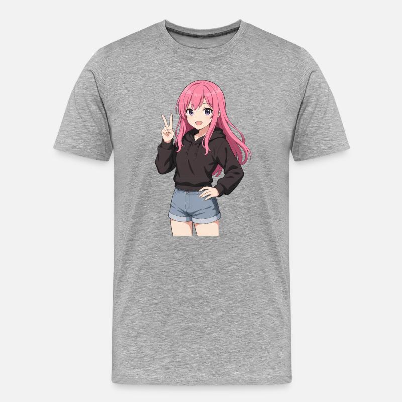 Anime-Mädchen mit rosa Kapuzenpullover - Männer Premium Bio T-Shirt - Grau meliert