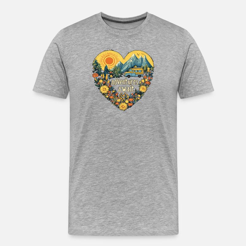 camping adventures await - Männer Premium Bio T-Shirt - Grau meliert