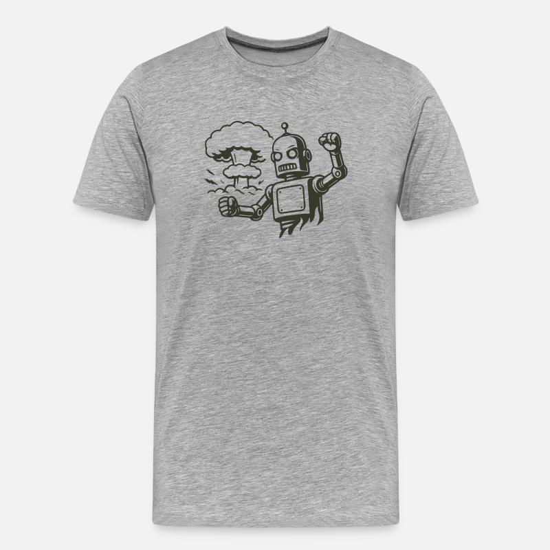 Robot rétro devant un nuage d’explosion - T-shirt bio Premium Homme - gris chiné