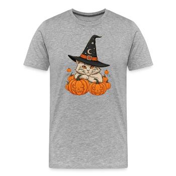 Whiskered Witch Among Pumpkins - Men's Premium Organic T-Shirt - heather grey - Front - Damien (186cm)