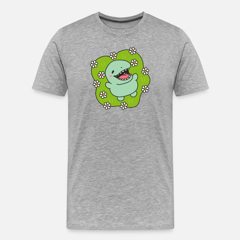 Glücklicher Dinosaurier im Frühling - Männer Premium Bio T-Shirt - Grau meliert