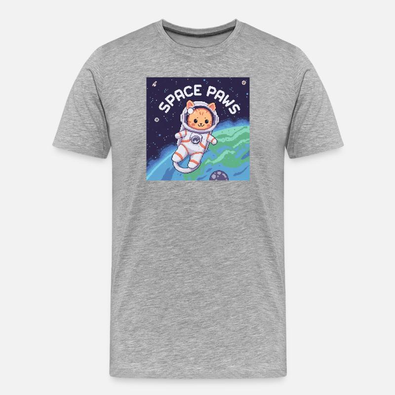 Space Paws – Pixel Cat Astronaut  - Männer Premium Bio T-Shirt - Grau meliert