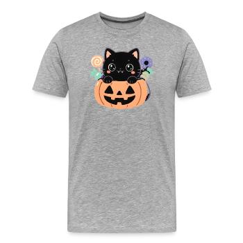 Chaton noir dans citrouille Halloween kawaii - T-shirt bio Premium Homme - gris chiné - Devant - Damien (186cm)
