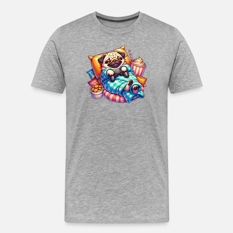 Entspannter Gaming Mops mit Snacks - Männer Premium Bio T-Shirt - Grau meliert