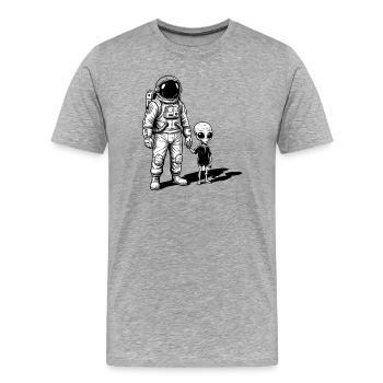 Astronaute et extraterrestre main dans la main - T-shirt bio Premium Homme - gris chiné - Devant - Damien (186cm)