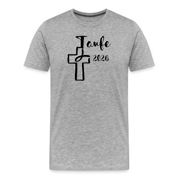 Baptême 2026 Croix avec trempette de poisson - T-shirt bio Premium Homme - gris chiné - Devant - Damien (186cm)