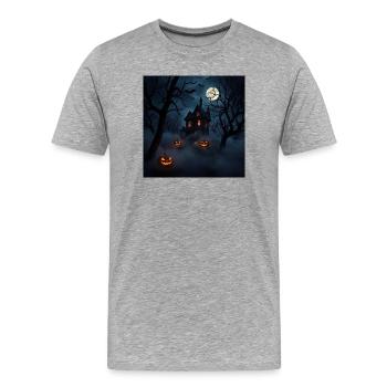 Spukhaus unter Mond und Kürbissen - Männer Premium Bio T-Shirt - Grau meliert - Vorne - Damien (186cm)