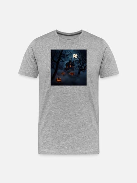 Haunted house under moon and pumpkins - Men's Premium Organic T-Shirt - heather grey