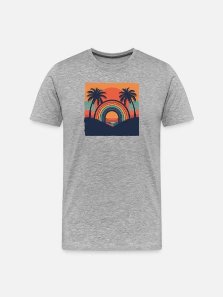 Retro Sunset with Rainbow & Palm Trees - Men's Premium Organic T-Shirt - heather grey
