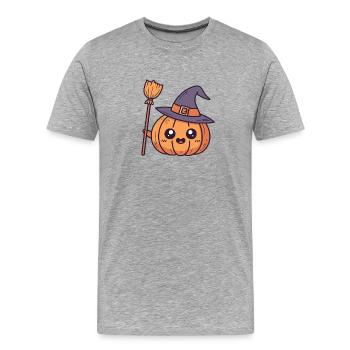 Entzückender Hexenkürbis und Besen - Männer Premium Bio T-Shirt - Grau meliert - Vorne - Damien (186cm)